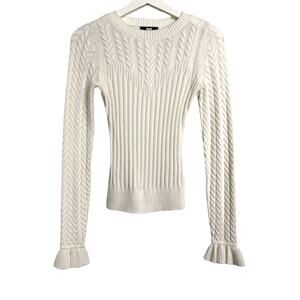 PAIGE Cable Knit Sweater Ivory Organic Cotton Silk Blend Ruffle Cuff XS